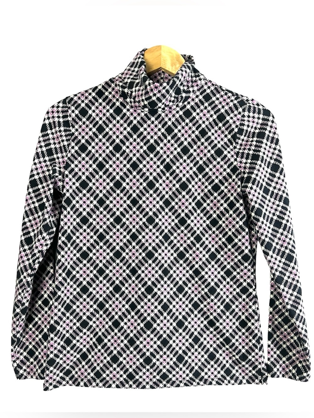 Plaid Turtleneck Top Long Sleeve Black Lavender Argyle Tartan Knit Size M